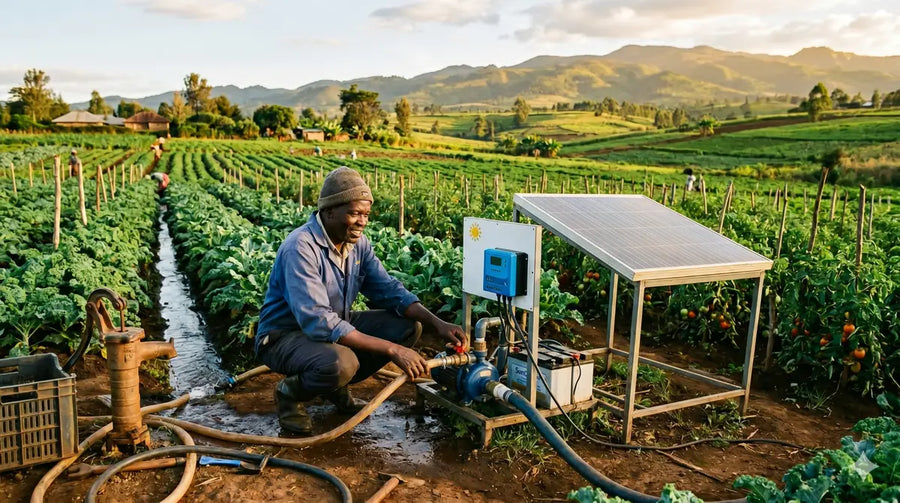 Farmer using a solar powered water pump in a field
