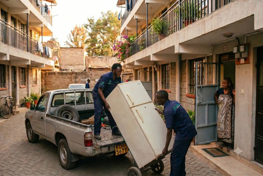 Technicians delivering a refurbished fridge in Nairobi