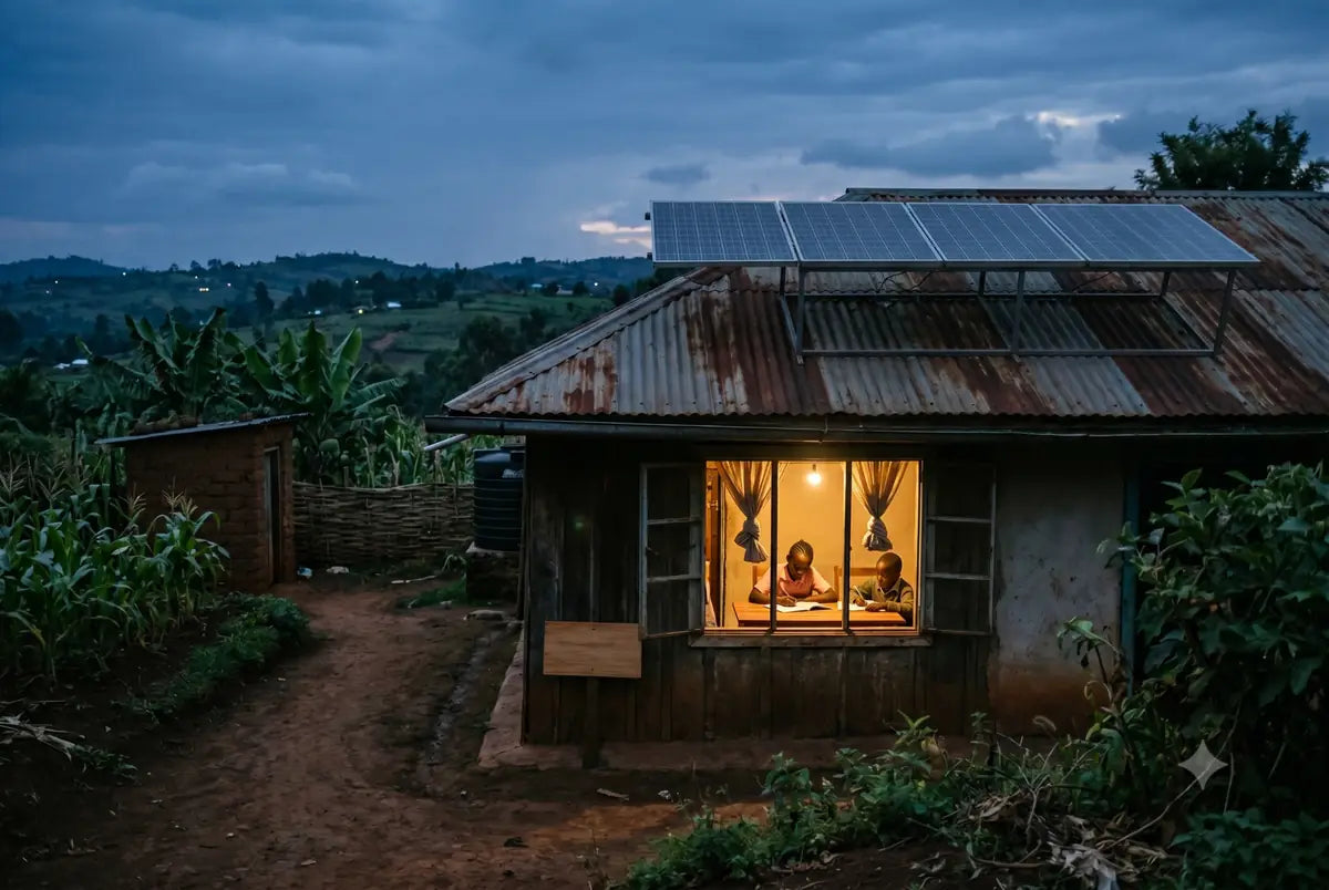 Solar panels powering a rural home at dusk