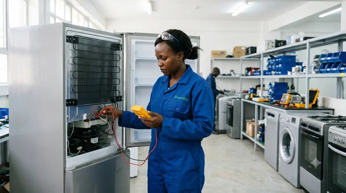 GreenBay technician testing a fridge in the workshop